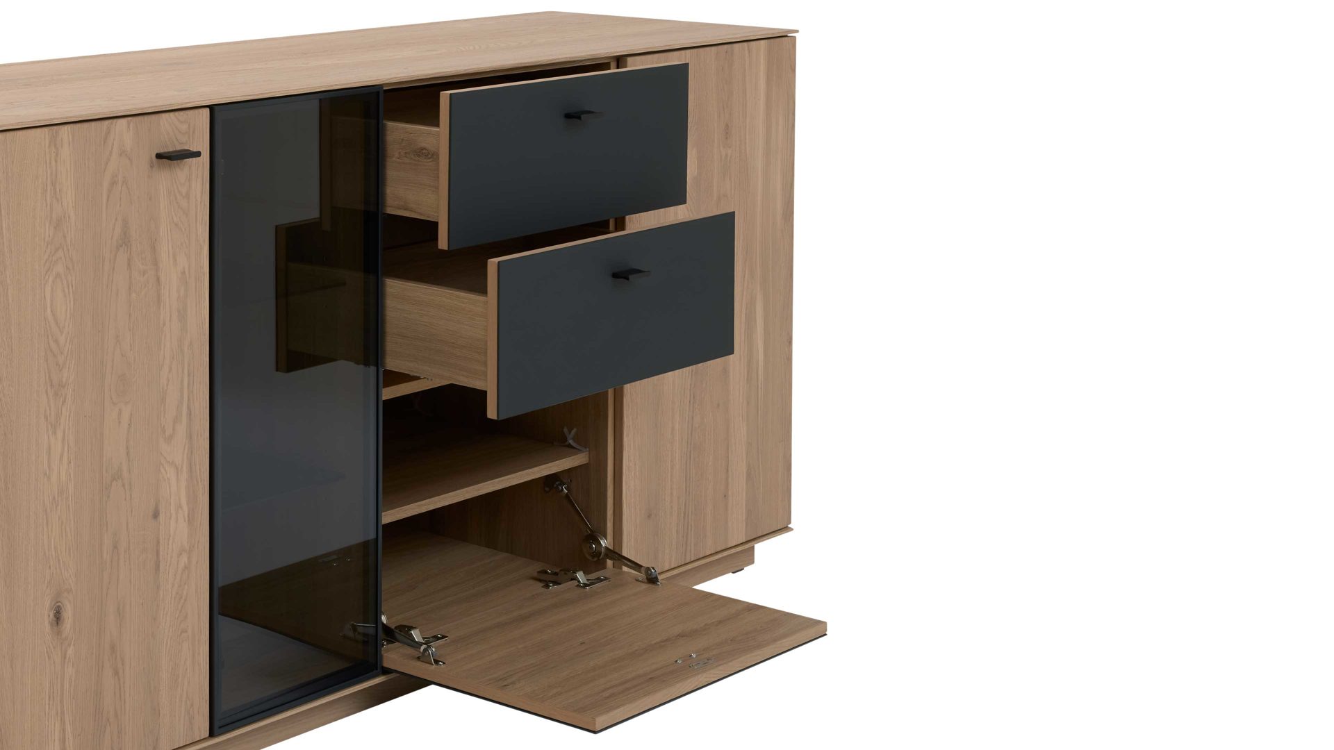 Sideboard Interliving aus Holz in Holzfarben Interliving Wohnzimmer Serie 2025 - Sideboard Wildeiche, Anthrazit & Kork - vier Türen, zwei Schubladen, Breite ca. 175 cm