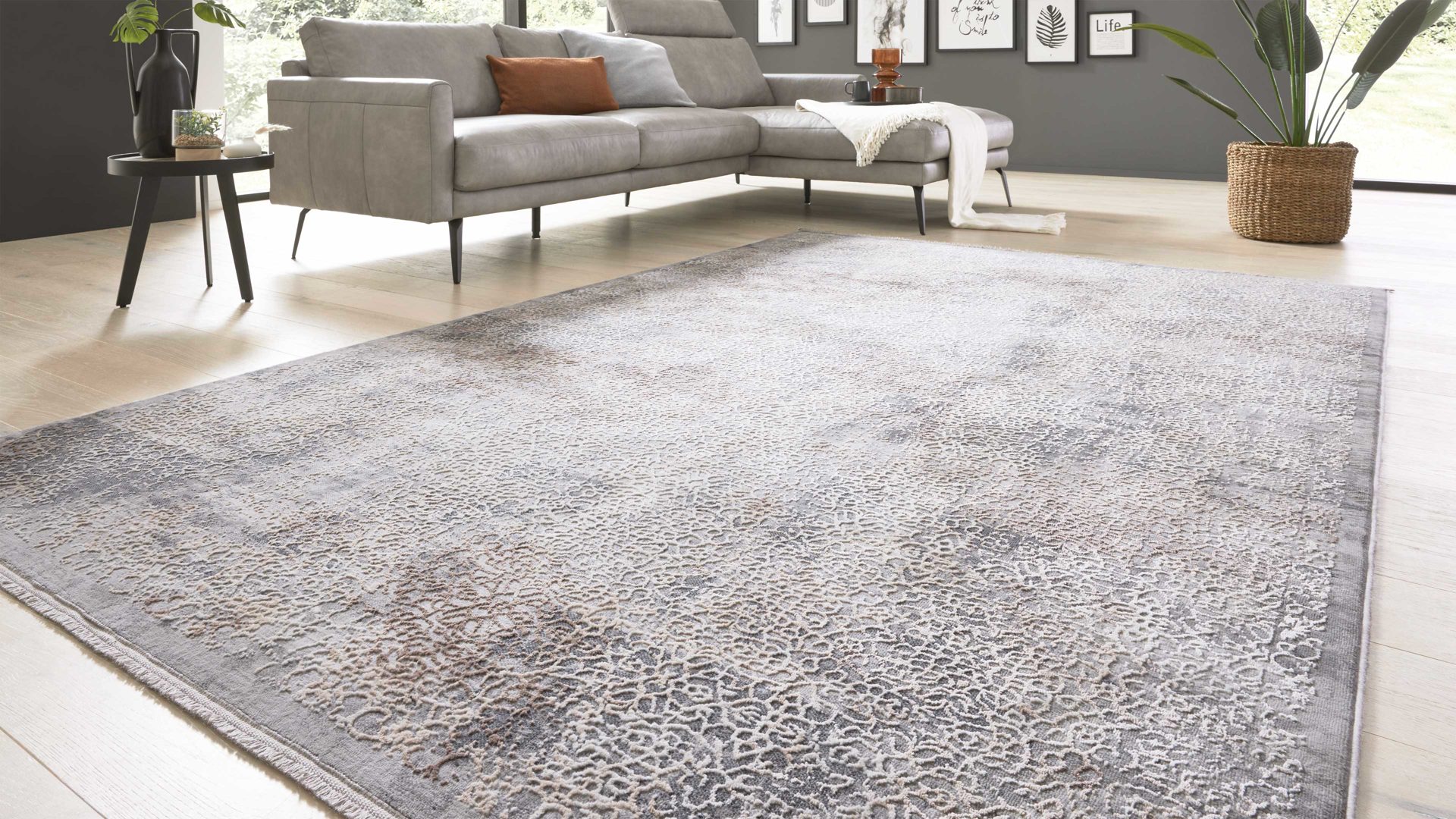 Webteppich Interliving aus Mischgewebe in Dunkelgrau Interliving Teppich Serie G-8050 graubraunes Vintagemuster - ca. 80 x 150 cm