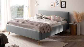 Bettgestell Meise.möbel aus Stoff in Hellgrau Polsterbettgestell Mattis mit Bettkasten hellgraues Flachgewebe Aspen 92 & Holzfüße - Liegefläche ca. 180 x 200 cm