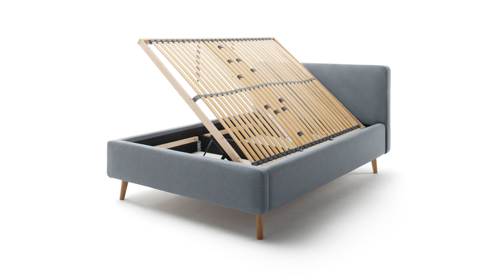 Bettgestell Meise.möbel aus Stoff in Blau Polsterbettgestell Mattis mit Bettkasten eisblaues Flachgewebe Aspen 84 & Holzfüße - Liegefläche ca. 140 x 200 cm