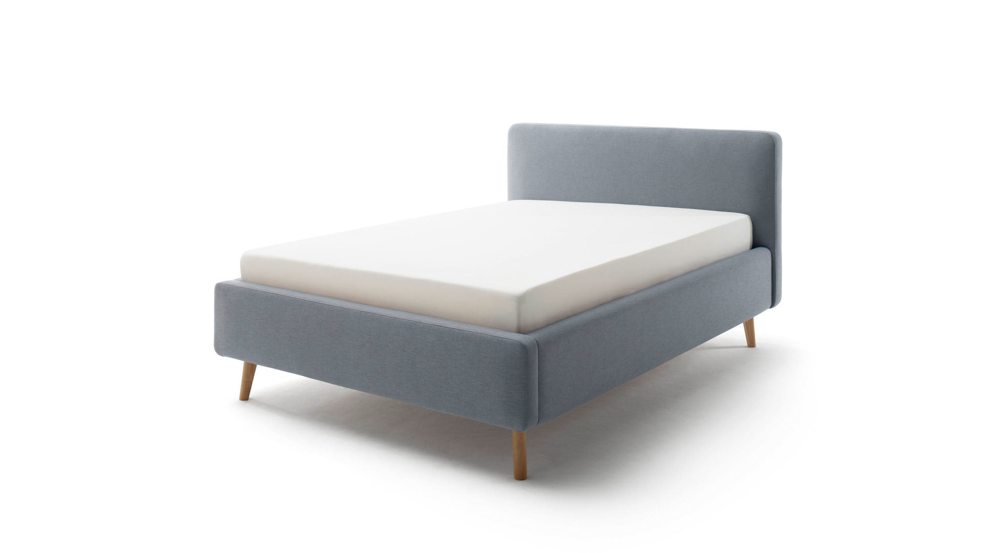 Bettgestell Meise.möbel aus Stoff in Blau Polsterbettgestell Mattis mit Bettkasten eisblaues Flachgewebe Aspen 84 & Holzfüße - Liegefläche ca. 140 x 200 cm