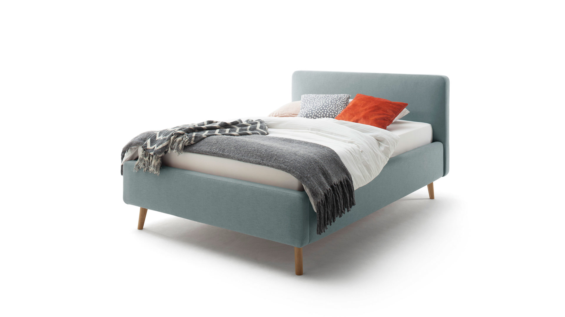 Bettgestell Meise.möbel aus Stoff in Blau Polsterbettgestell Mattis mit Bettkasten eisblaues Flachgewebe Aspen 84 & Holzfüße - Liegefläche ca. 140 x 200 cm
