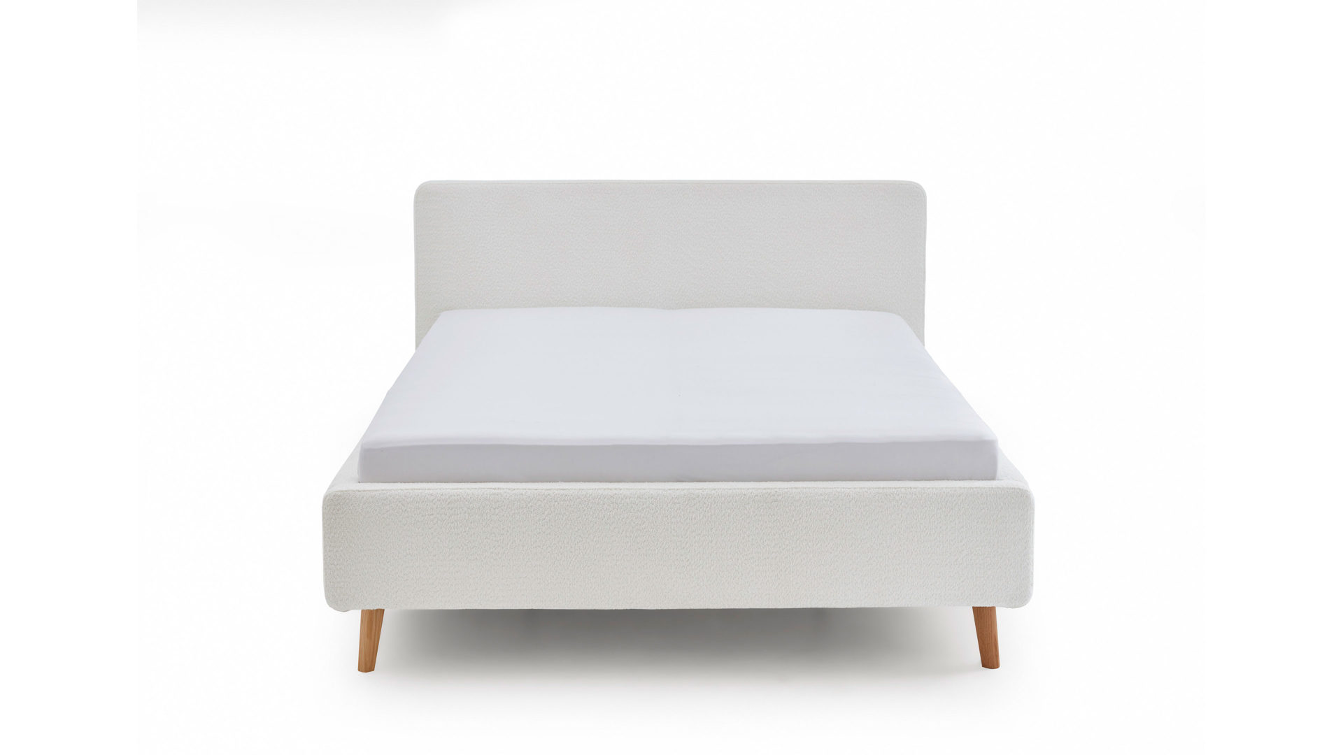 Bettgestell Meise.möbel aus Stoff in Weiß Polsterbettgestell Mattis mit Bettkasten weißer Boucle Bezug Abriamo 4 & Holzfüße - Liegefläche ca. 160 x 200 cm