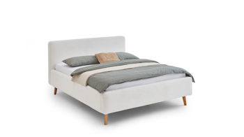 Bettgestell Meise.möbel aus Stoff in Weiß Polsterbettgestell Mattis mit Bettkasten weißer Boucle Bezug Abriamo 4 & Holzfüße - Liegefläche ca. 160 x 200 cm