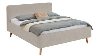 Bettgestell Meise.möbel aus Stoff in Beige Polsterbettgestell Mattis mit Bettkasten beigefarbener Boucle Bezug Abriamo 3 & Holzfüße - Liegefläche ca. 160 x 200 cm