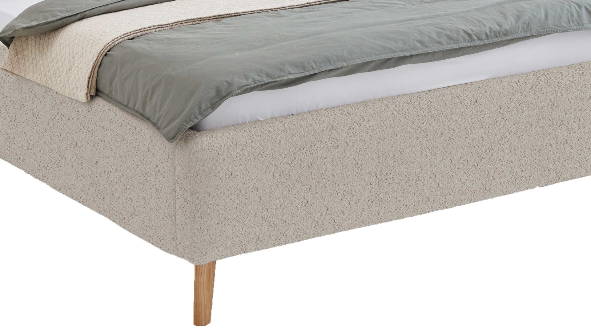 Bettgestell Meise.möbel aus Stoff in Beige Polsterbettgestell Mattis mit Bettkasten beigefarbener Boucle Bezug Abriamo 3 & Holzfüße - Liegefläche ca. 160 x 200 cm