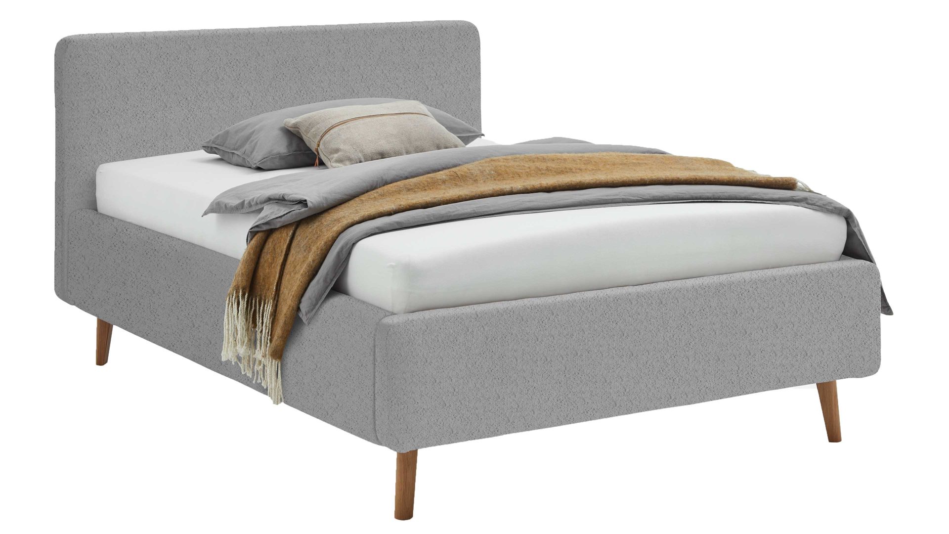 Bettgestell Meise.möbel aus Stoff in Grau Polsterbettgestell Mattis mit Bettkasten grauer Boucle Bezug Abriamo 6  & Holzfüße - Liegefläche ca. 140 x 200 cm