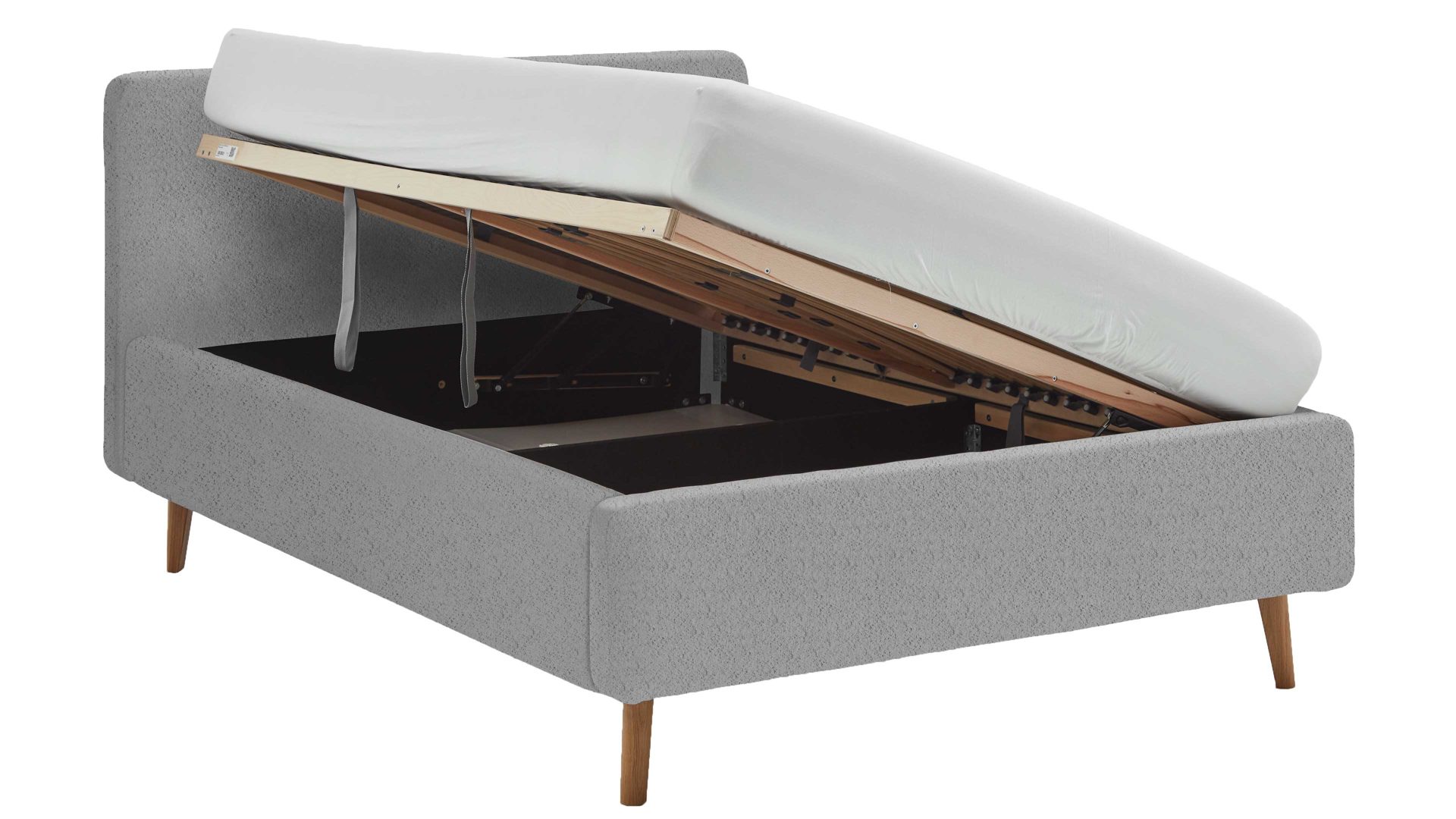 Bettgestell Meise.möbel aus Stoff in Grau Polsterbettgestell Mattis mit Bettkasten grauer Boucle Bezug Abriamo 6  & Holzfüße - Liegefläche ca. 140 x 200 cm