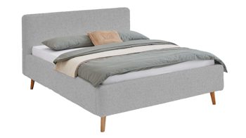 Bettgestell Meise.möbel aus Stoff in Grau Polsterbettgestell Mattis mit Bettkasten grauer Boucle Bezug Abriamo 6 & Holzfüße - Liegefläche ca. 160 x 200 cm