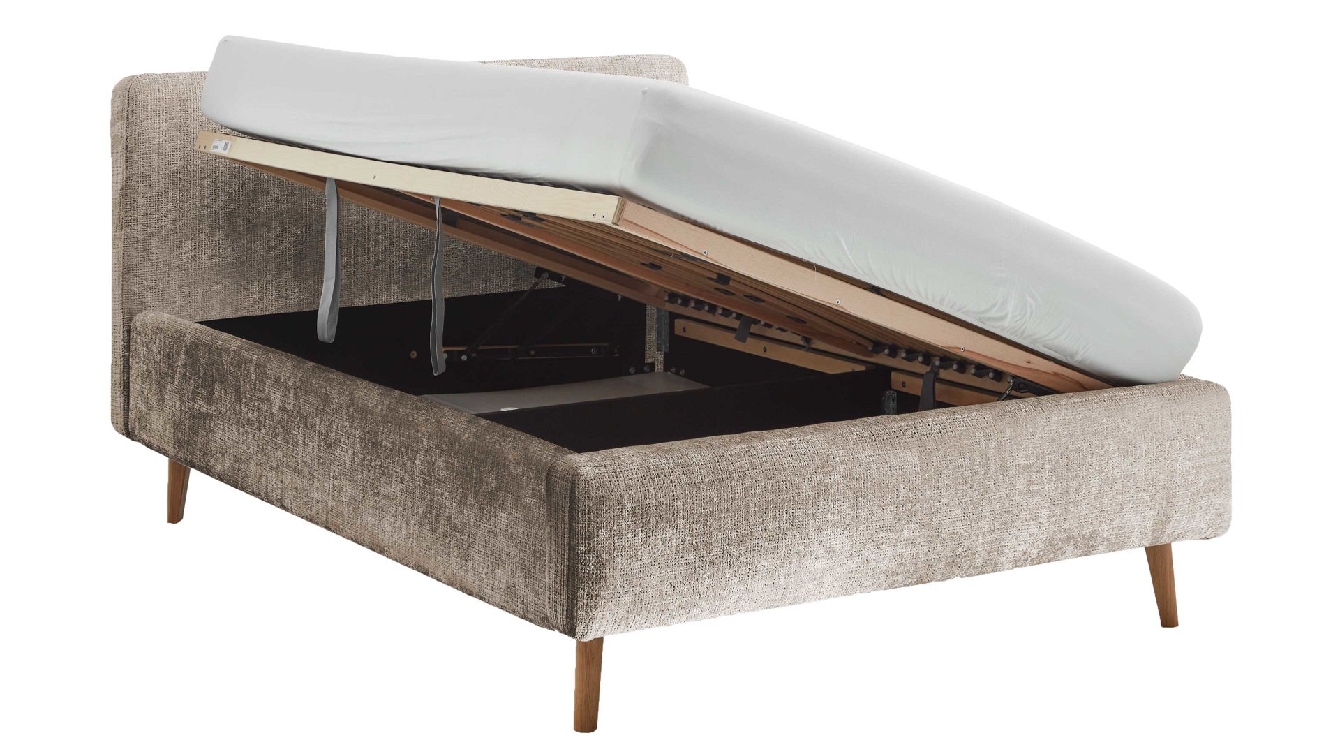 Bettgestell Meise.möbel aus Stoff in Beige Polsterbettgestell Mattis mit Bettkasten beigefarbener Chenille Bezug Yunus  3 & Holzfüße - Liegefläche ca. 140 x 200 cm