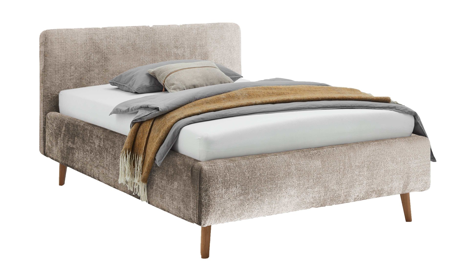 Bettgestell Meise.möbel aus Stoff in Beige Polsterbettgestell Mattis mit Bettkasten beigefarbener Chenille Bezug Yunus  3 & Holzfüße - Liegefläche ca. 140 x 200 cm