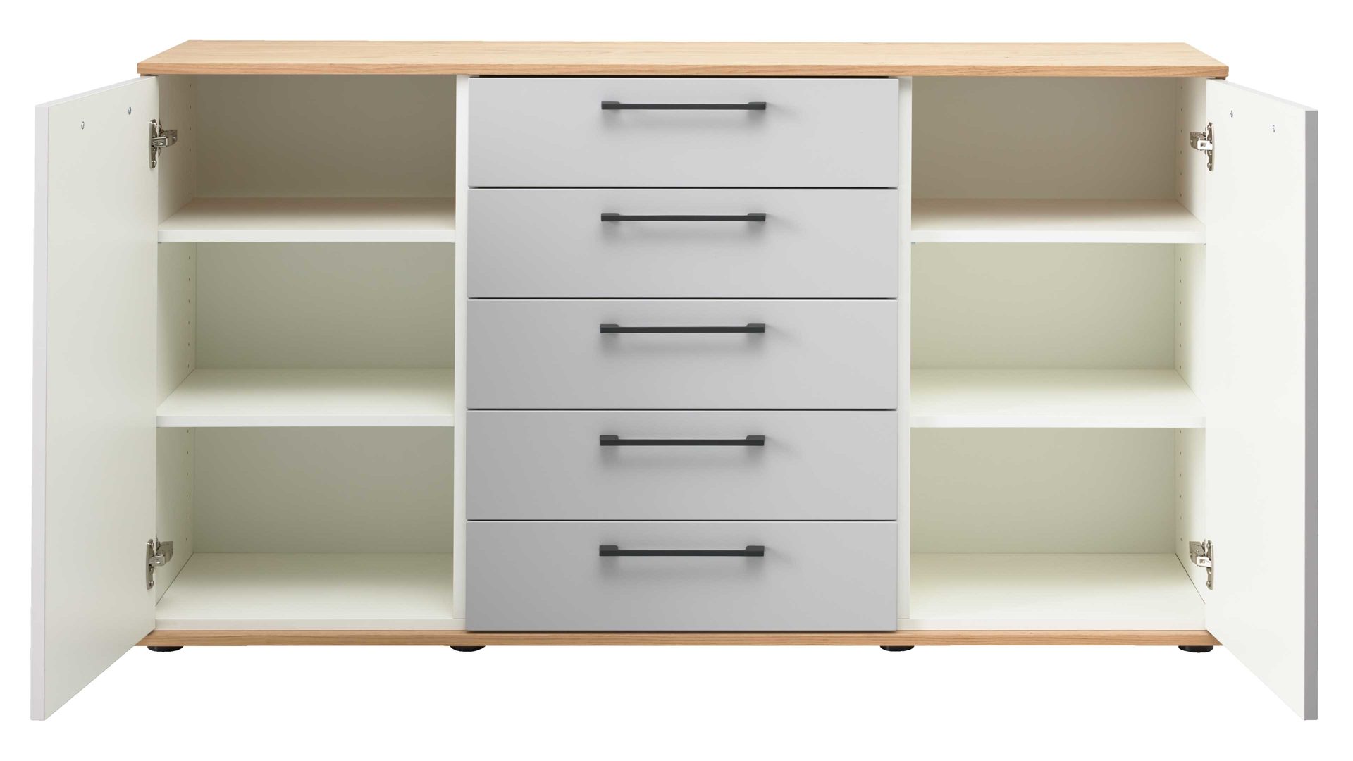 Kombikommode Interliving aus Holz in Hellgrau Interliving Kleiderschrank Serie 1207 – Kombikommode 670065 Satingrau & Wildeiche – zwei Türen, fünf Schubladen, Breite ca. 151 cm