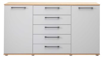 Kombikommode Interliving aus Holz in Hellgrau Interliving Kleiderschrank Serie 1207 – Kombikommode Satingrau & Wildeiche – zwei Türen, fünf Schubladen, Breite ca. 151 cm