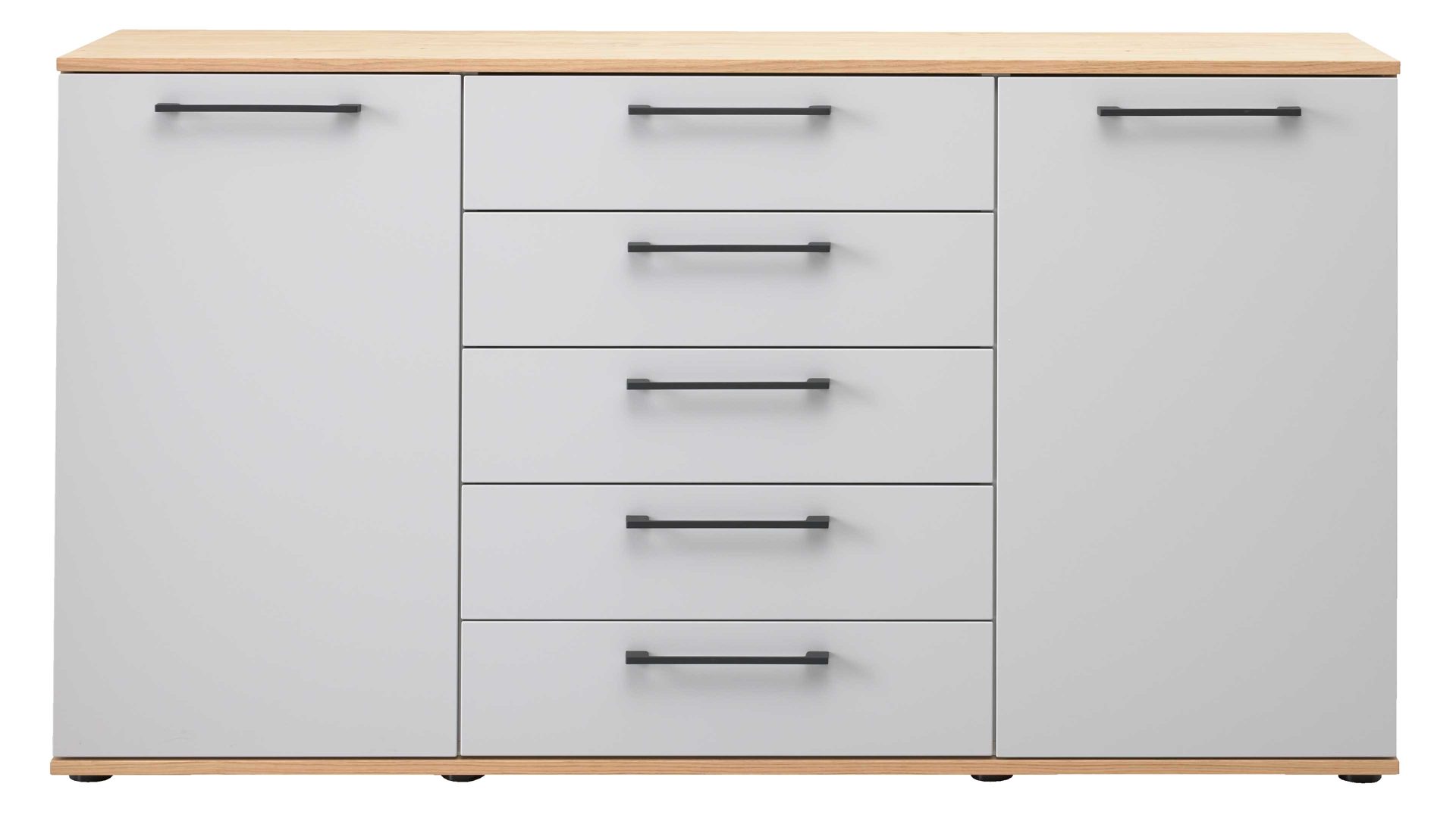 Kombikommode Interliving aus Holz in Hellgrau Interliving Kleiderschrank Serie 1207 – Kombikommode 670065 Satingrau & Wildeiche – zwei Türen, fünf Schubladen, Breite ca. 151 cm