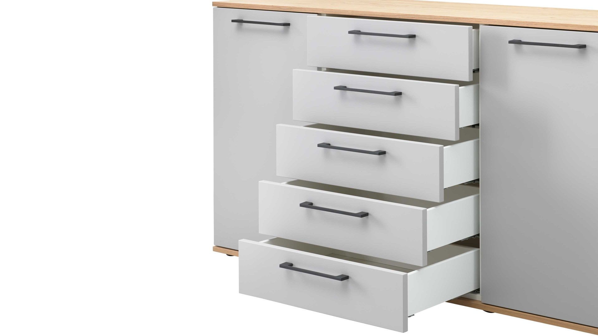 Kombikommode Interliving aus Holz in Hellgrau Interliving Kleiderschrank Serie 1207 – Kombikommode Satingrau & Wildeiche – zwei Türen, fünf Schubladen, Breite ca. 151 cm