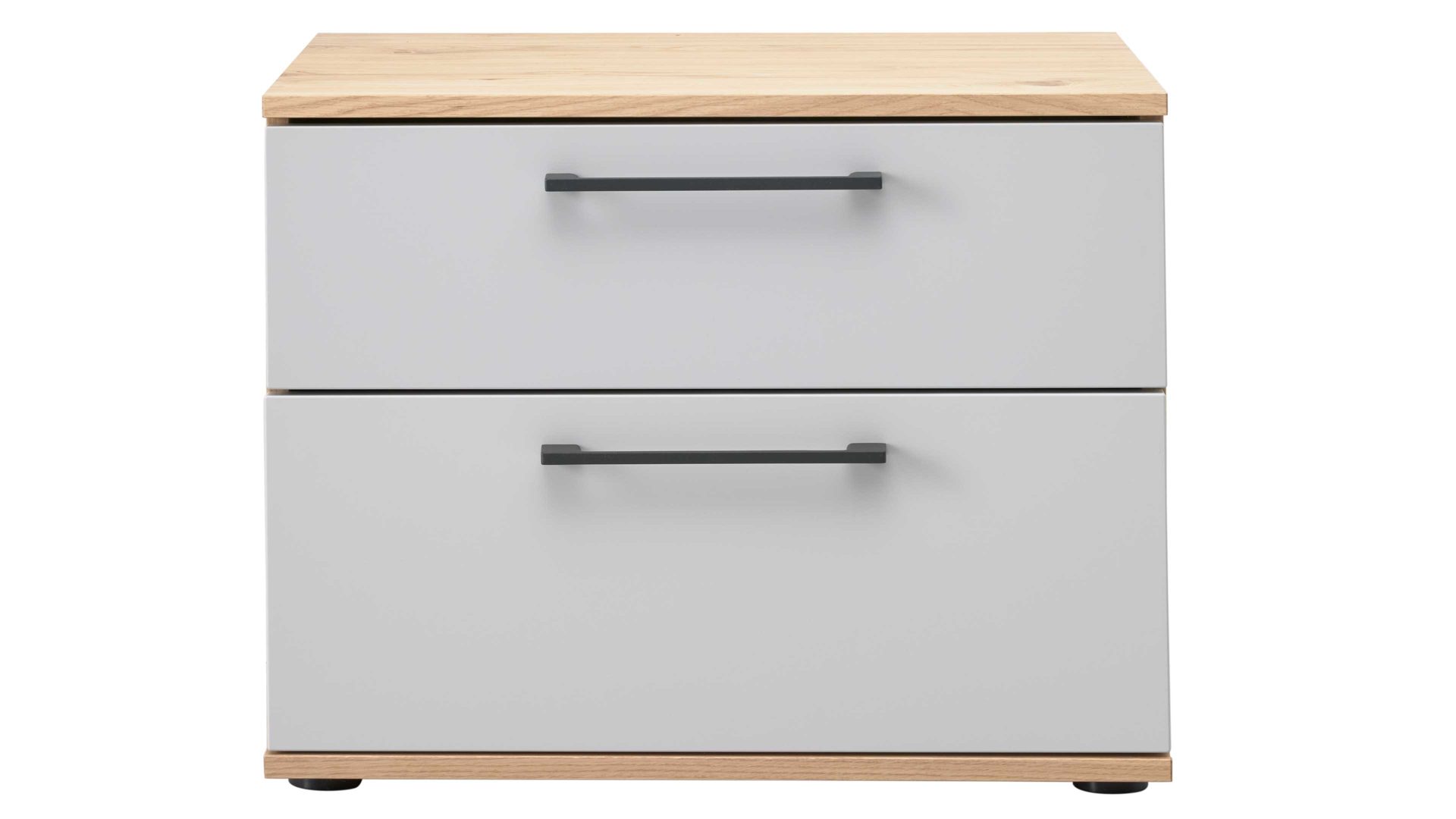 Nachtkommode Interliving aus Holz in Grau Interliving Kleiderschrank Serie 1207 – Nachtkommode Taupe & Balkeneiche – zwei Schubladen, Breite ca. 60 cm