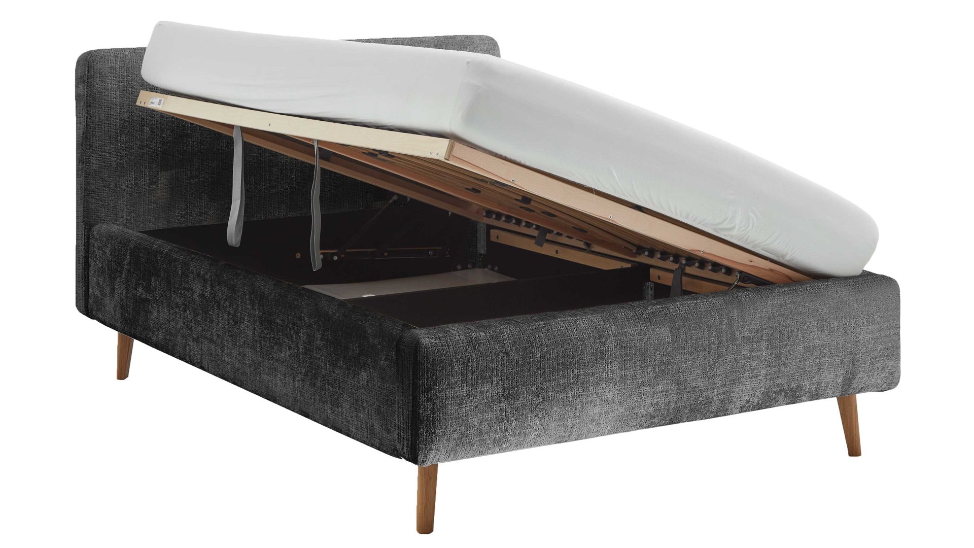 Bettgestell Meise.möbel aus Stoff in Anthrazit Polsterbettgestell Mattis mit Bettkasten anthrazitfarbener Chenille Bezug Yunus  23 & Holzfüße - Liegefläche ca. 140 x 200 cm