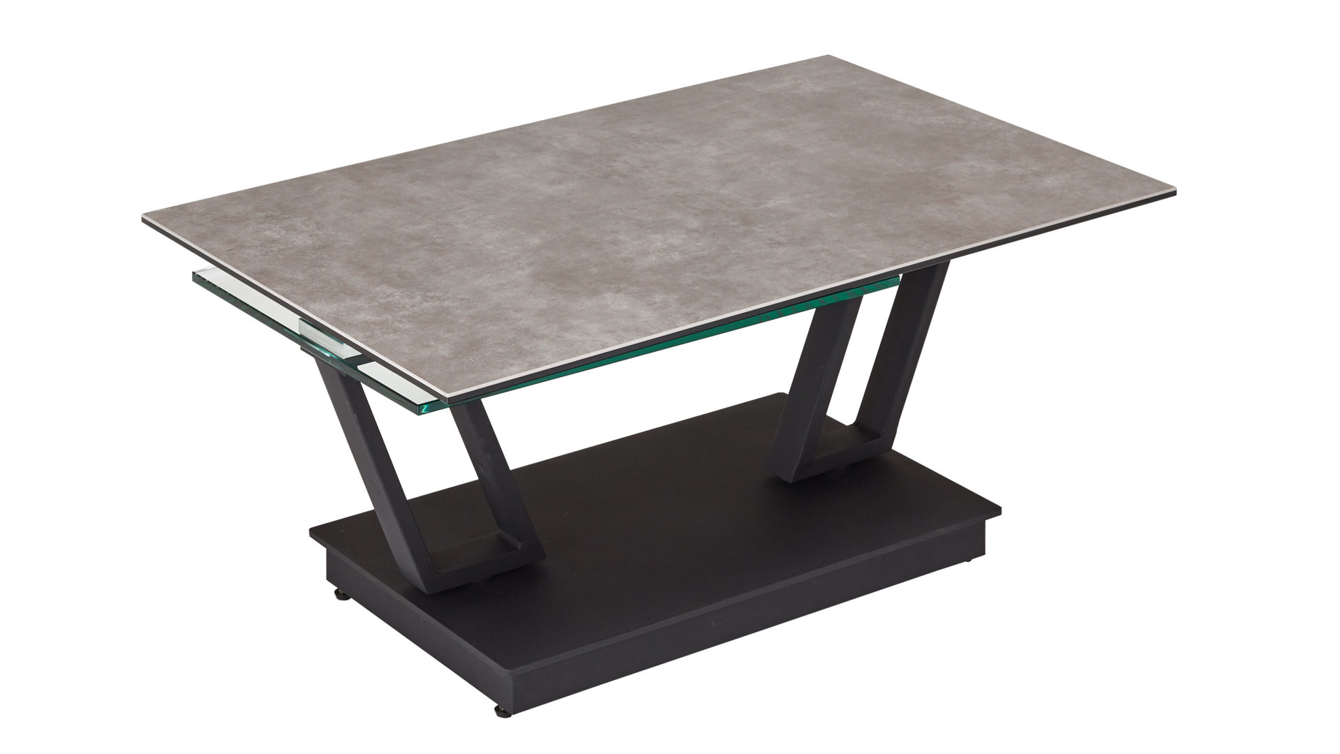 Couchtisch Akante aus Keramik in Grau AKANTE Couchtisch Serie Barcelona - Funktionscouchtisch Keramik zementgrau & Klarglas - Breite ca. 95-163 cm