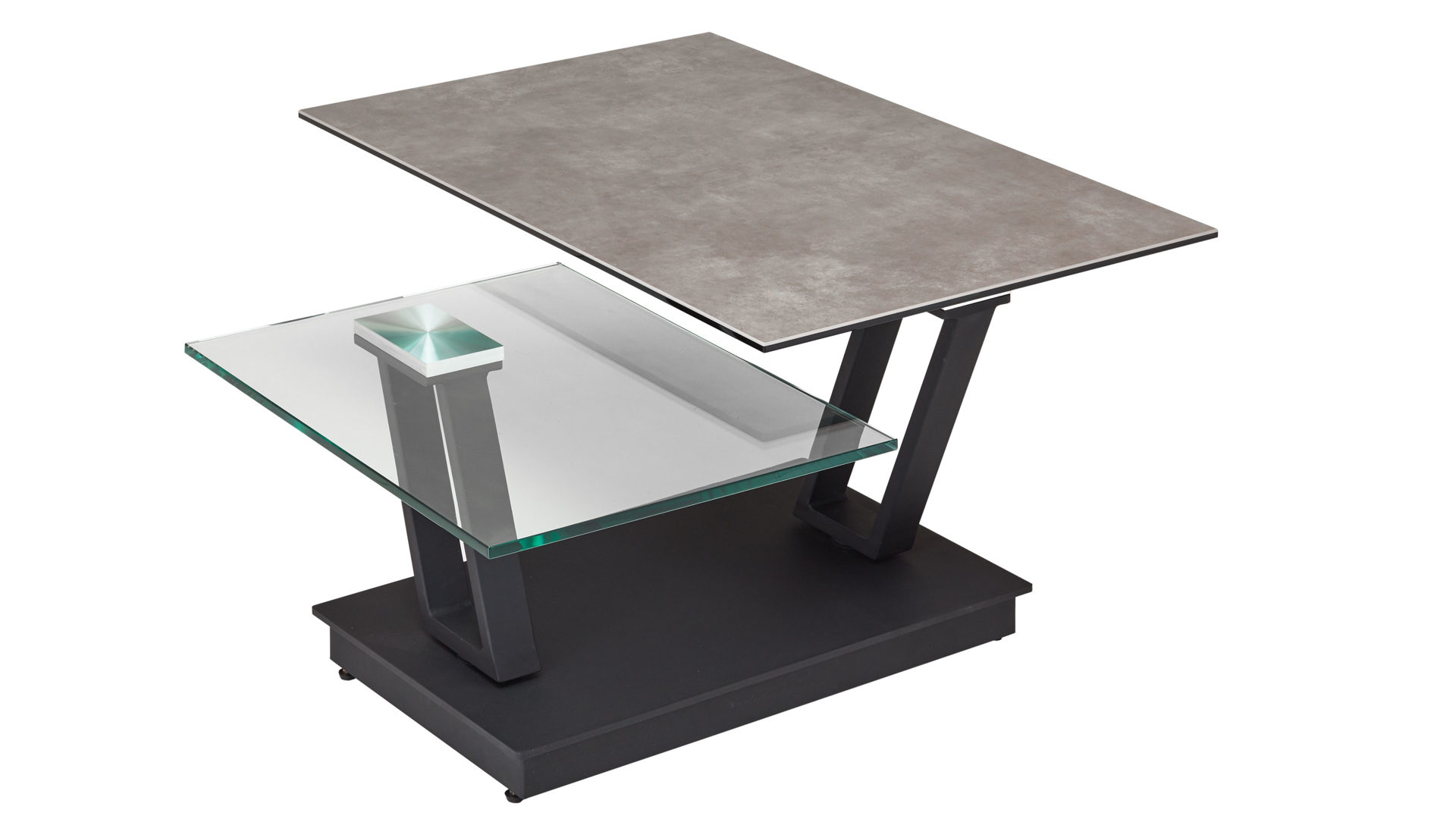 Couchtisch Akante aus Keramik in Grau AKANTE Couchtisch Serie Barcelona - Funktionscouchtisch Keramik zementgrau & Klarglas - Breite ca. 95-163 cm