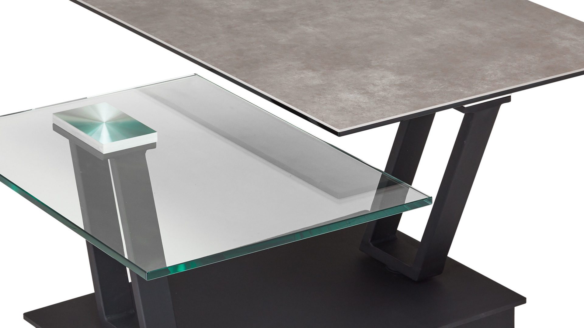 Couchtisch Akante aus Keramik in Grau AKANTE Couchtisch Serie Barcelona - Funktionscouchtisch Keramik zementgrau & Klarglas - Breite ca. 95-163 cm