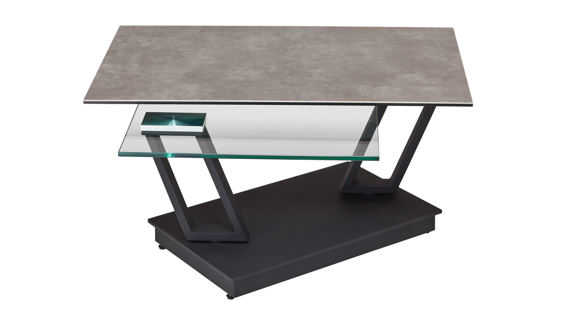 Couchtisch Akante aus Keramik in Grau AKANTE Couchtisch Serie Barcelona - Funktionscouchtisch Keramik zementgrau & Klarglas - Breite ca. 95-163 cm