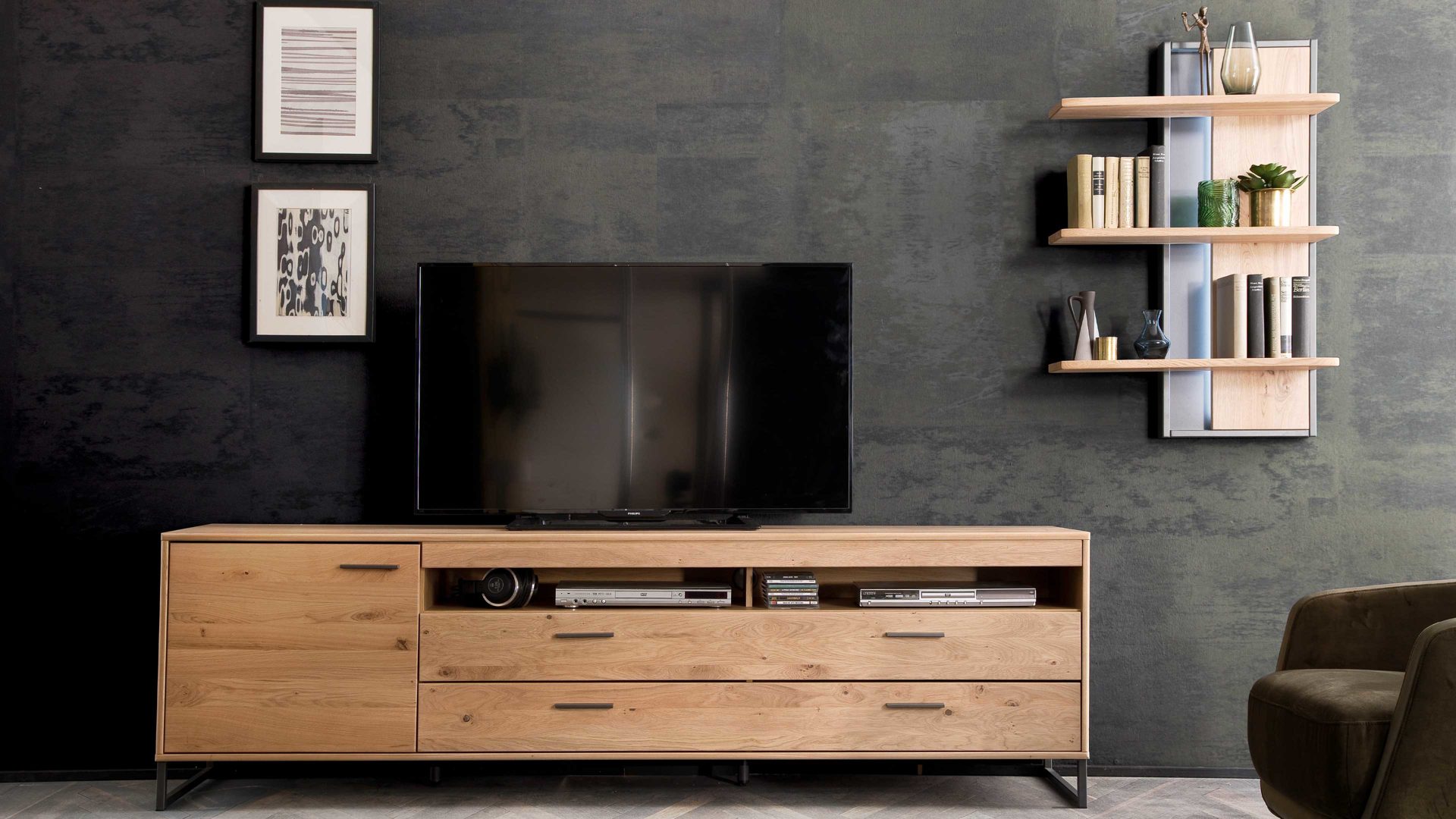 Wohnwand Mca direkt aus Holz in Holzfarben Wohnprogramm Portland - Wohnkombination III Asteiche bianco & Anthrazit – zweiteilig, Breite ca. 265 cm