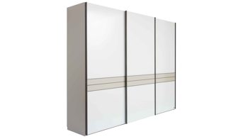 Kleiderschrank Interliving aus Holz in Weiß Interliving Schlafzimmer Serie 1032 – Schwebetürenschrank 765 Weiß & Kieselgrau - drei Türen, Breite ca. 300 cm