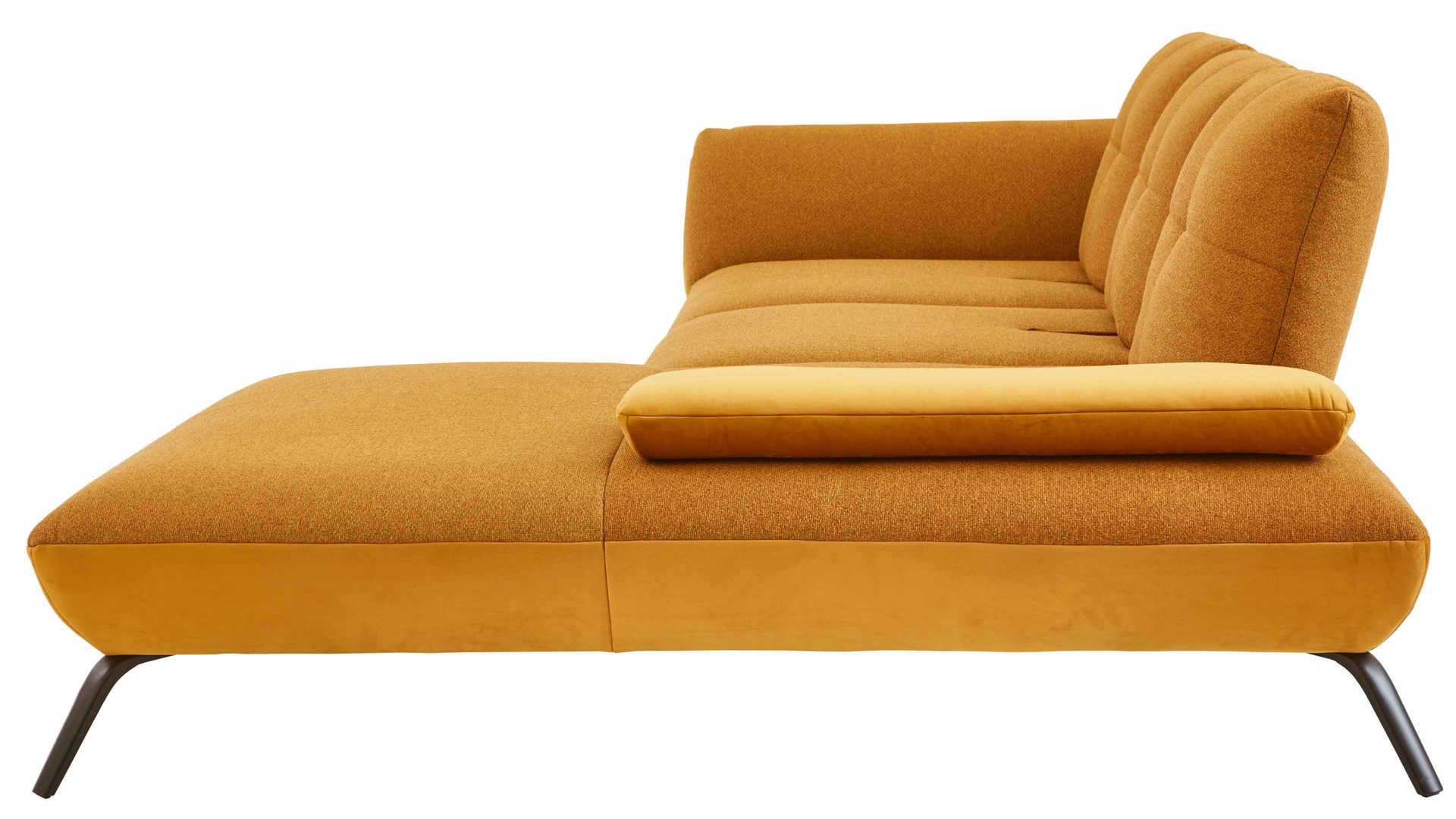 Ecksofa KAWOO aus Stoff in Gelb KAWOO Polsterprogramm Dover Plus - Ecksofa senffarbener Bezug Portofino & goldfarbene Maschenware Riviera - Stellfläche ca. 301 x 191 cm