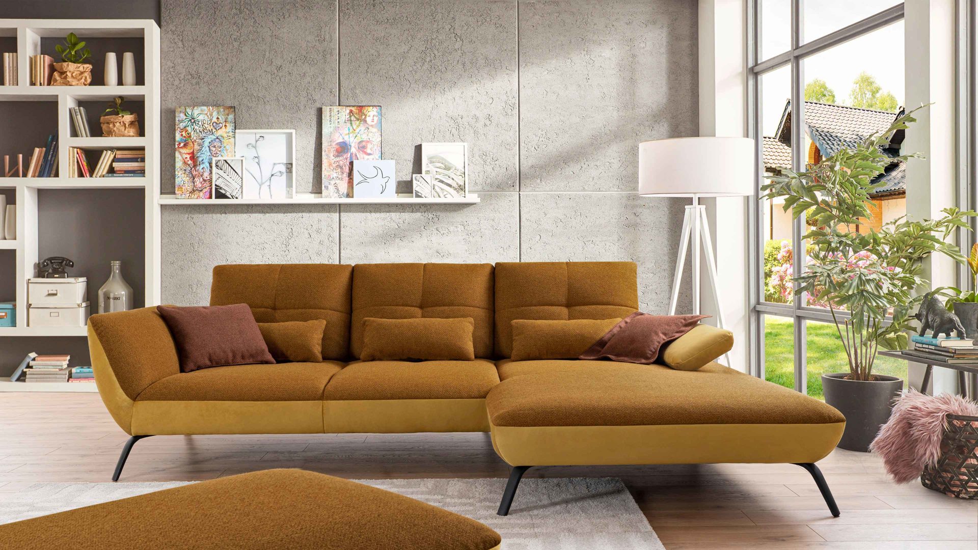 Ecksofa KAWOO aus Stoff in Gelb KAWOO Polsterprogramm Dover Plus - Ecksofa senffarbener Bezug Portofino & goldfarbene Maschenware Riviera - Stellfläche ca. 301 x 191 cm