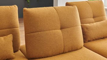 Ecksofa KAWOO aus Stoff in Gelb KAWOO Polsterprogramm Dover Plus - Ecksofa senffarbener Bezug Portofino & goldfarbene Maschenware Riviera - Stellfläche ca. 301 x 191 cm
