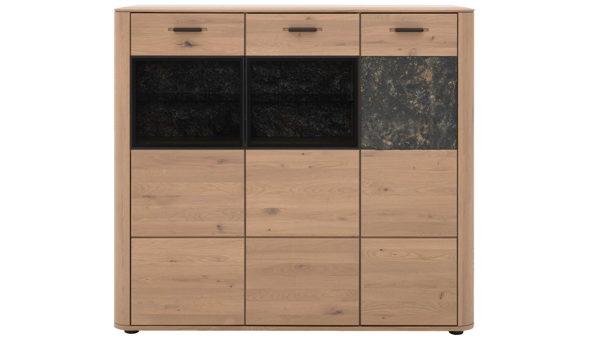 Sideboard Interliving aus Holz in Holzfarben Interliving Wohnzimmer Serie 2029 - Highboard 22 Wildeiche & Granit-Steinoptik - drei Türen, eine Schublade, Breite ca. 132 cm