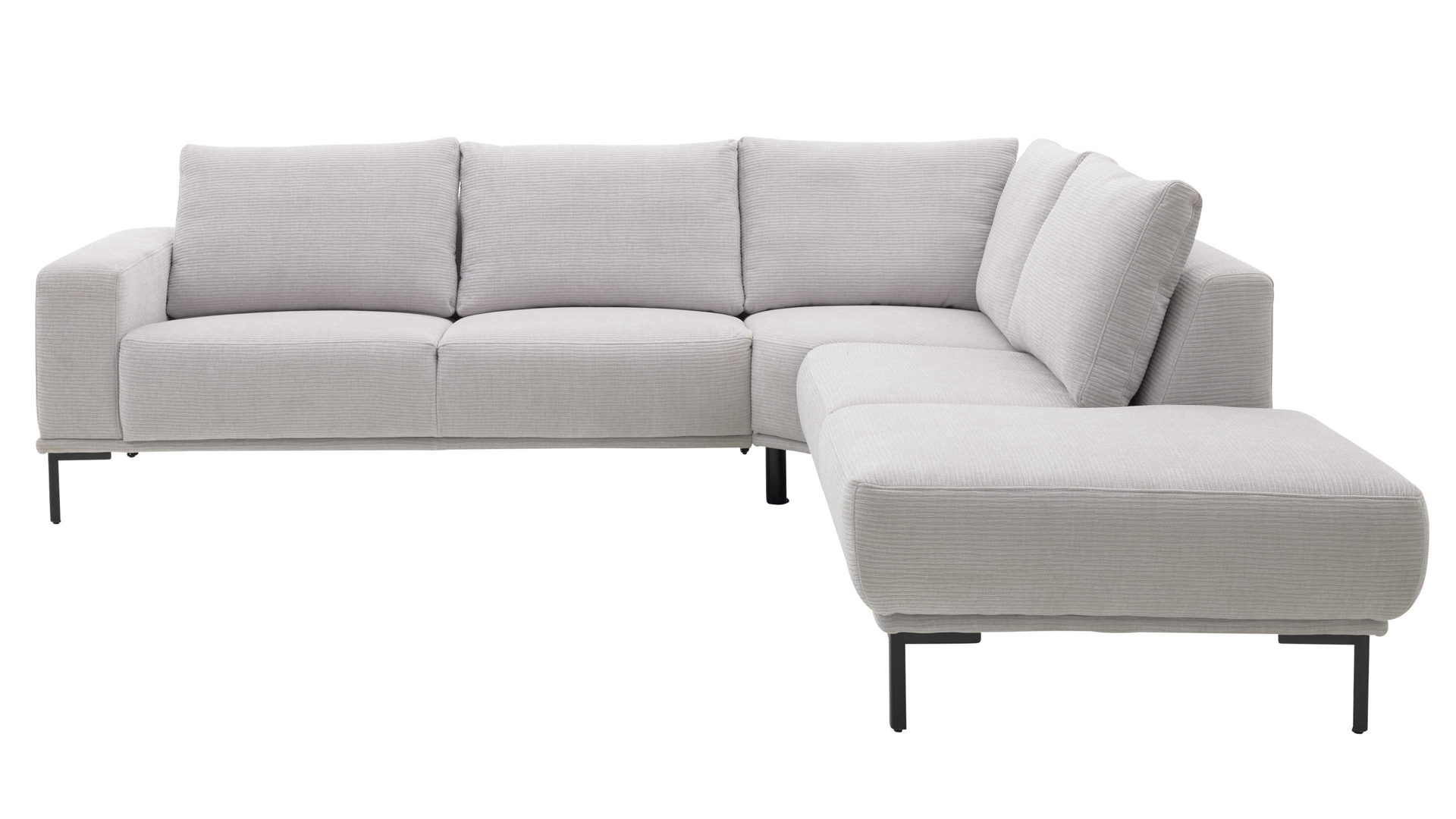 Ecksofa Interliving aus Stoff in Hellgrau Interliving Sofa Serie 4255 – Ecksofa silberfarbener Bezug Mara 9 & schwarze Metallfüße 4.26 - Stellfläche ca. 270 x 240 cm