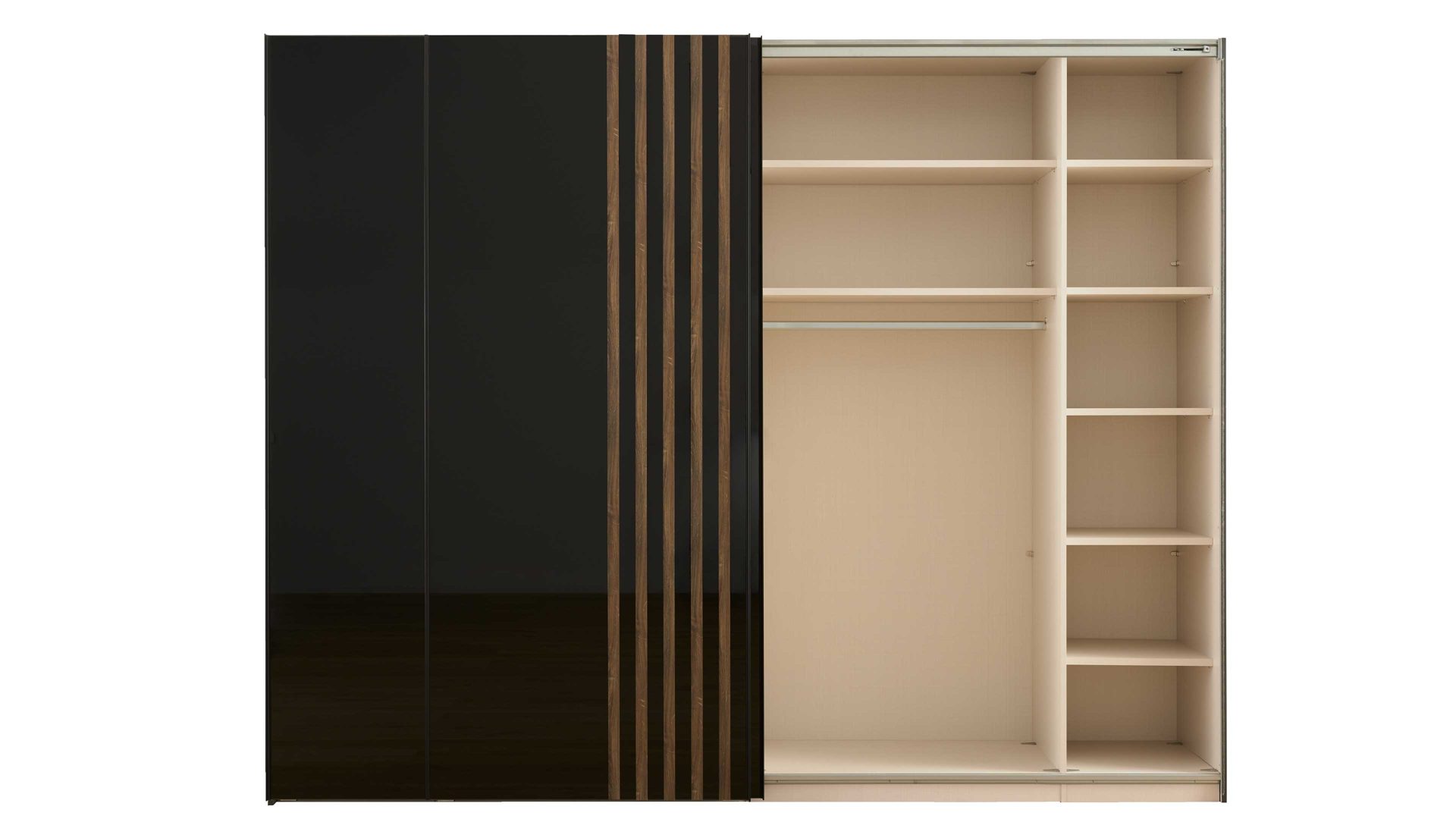 Kleiderschrank Interliving aus Holz in Schwarz Interliving Kleiderschrank Serie 1208 - Schwebetürenschrank 98436 Schwarzglas & Atlantic Eiche - zwei Türen, Breite ca. 298 cm