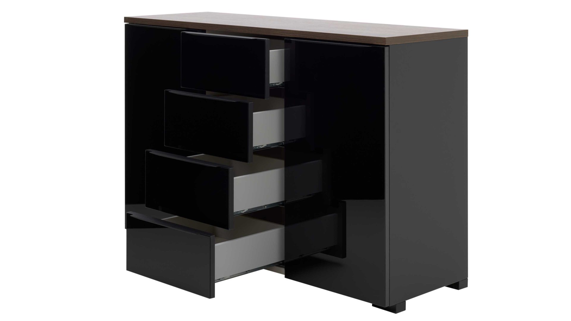 Kombikommode Interliving aus Holz in Schwarz Interliving Kleiderschrank Serie 1208 - Kombikommode Schwarzglas & Atlantic Eiche - zwei Türen, vier Schubladen, Breite ca. 120 cm