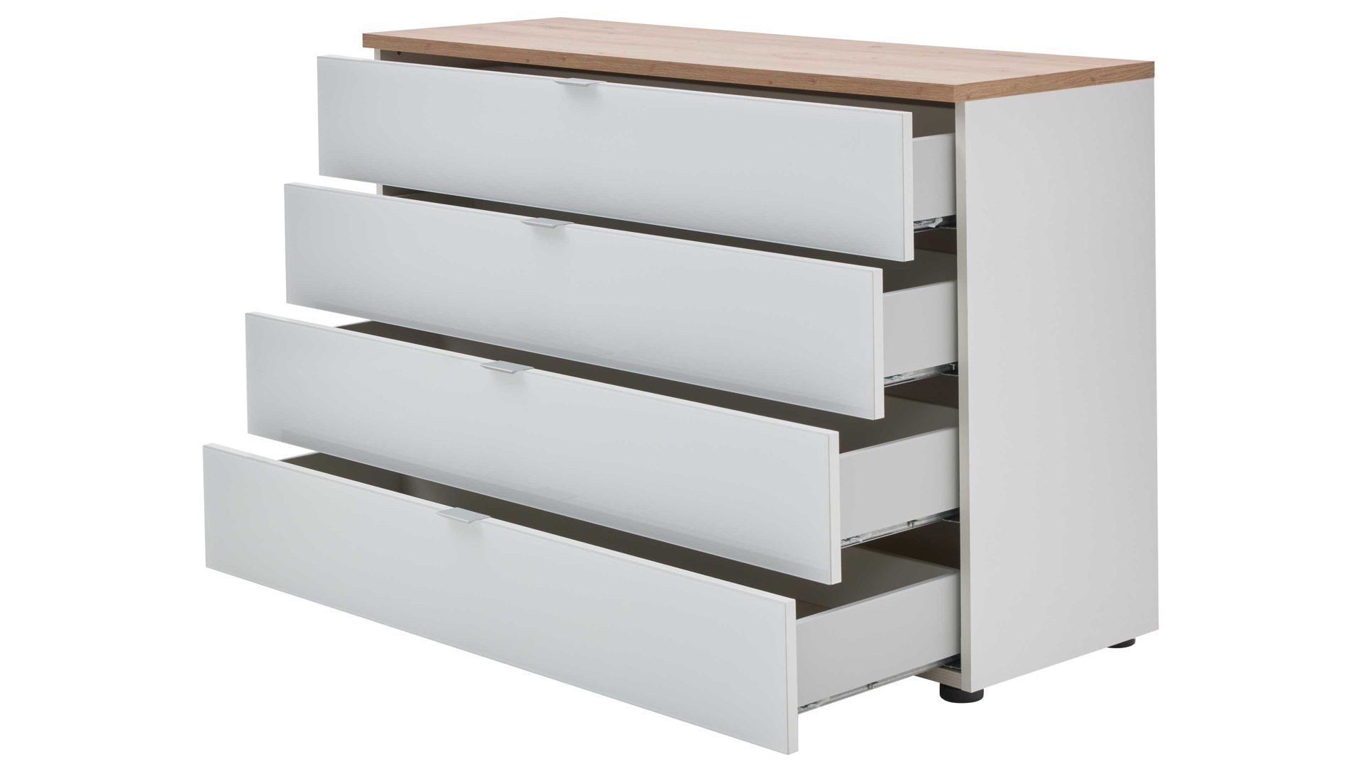 Schubladenkommode Interliving aus Holz in Weiß Interliving Kleiderschrank Serie 1208 - Schubladenkommode alpinweißes Glas & Artisan Eiche - vier Schubladen, Breite ca. 120 cm