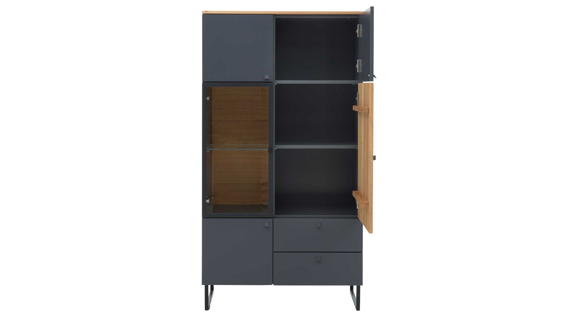 Highboard Interliving aus Holz in Dunkelgrau Interliving Esszimmer Serie 5605 – Highboard quarzgrauer Lack & Charakter-Eiche - fünf Türen, zwei Schubladen, Breite ca. 86 cm