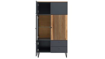 Highboard Interliving aus Holz in Dunkelgrau Interliving Esszimmer Serie 5605 – Highboard quarzgrauer Lack & Charakter-Eiche - fünf Türen, zwei Schubladen, Breite ca. 86 cm