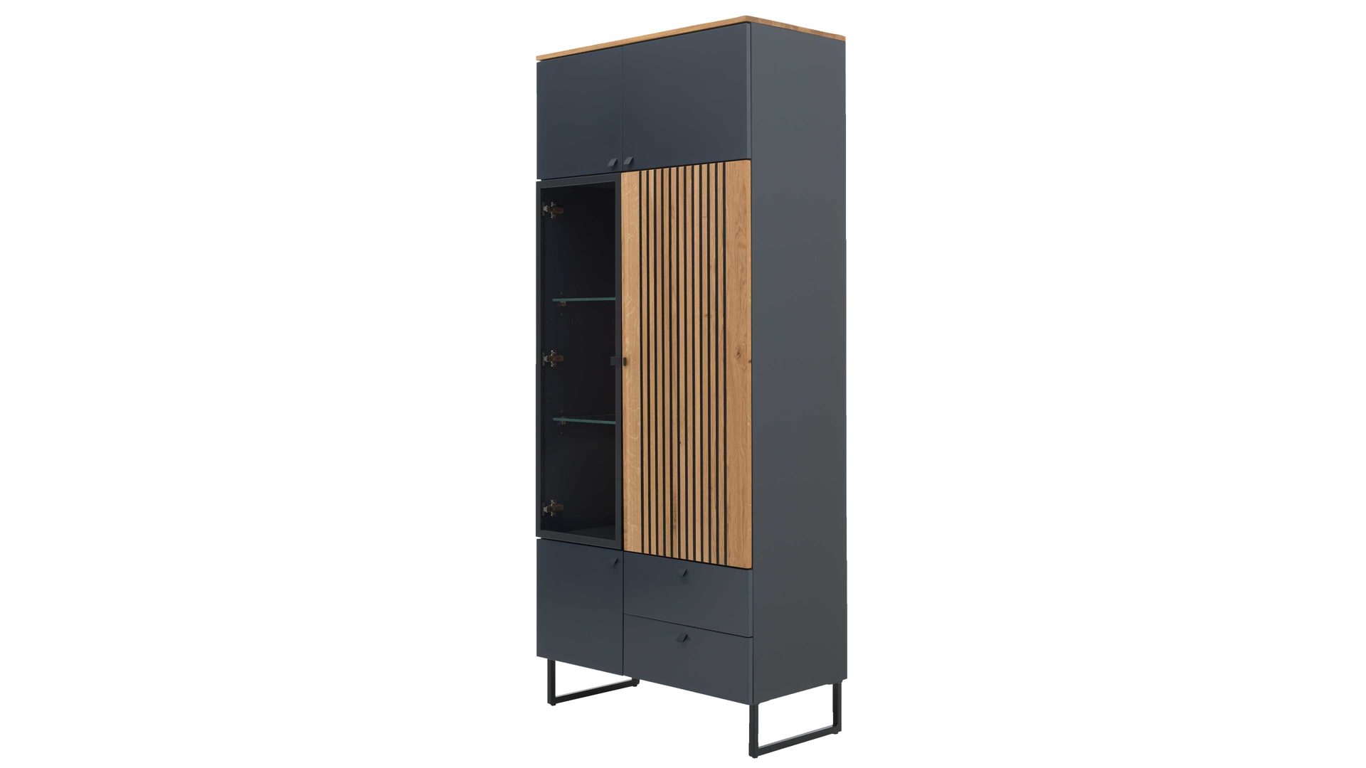 Vitrine Interliving aus Holz in Dunkelgrau Interliving Esszimmer Serie 5605 – Vitrine 5784 quarzgrauer Lack & Charakter-Eiche - fünf Türen, zwei Schubladen, Höhe ca. 194 cm