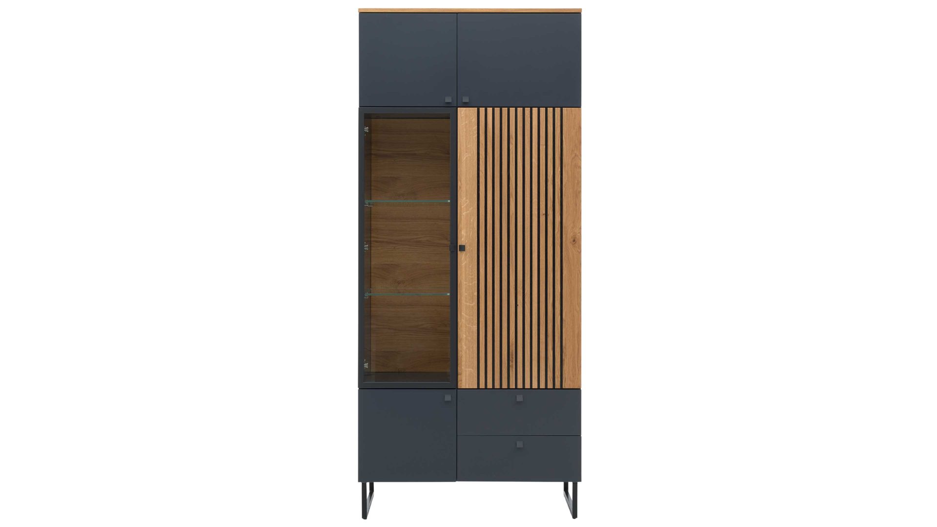 Vitrine Interliving aus Holz in Dunkelgrau Interliving Esszimmer Serie 5605 – Vitrine 5784 quarzgrauer Lack & Charakter-Eiche - fünf Türen, zwei Schubladen, Höhe ca. 194 cm