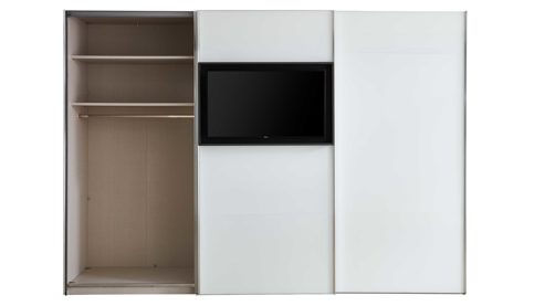 Kleiderschrank Staud aus Glas in Weiß STAUD Schwebetürenschrank Media Flat mit TV-Nische Alpinweiß & Vulkan – drei Türen, Breite ca. 336 cm
