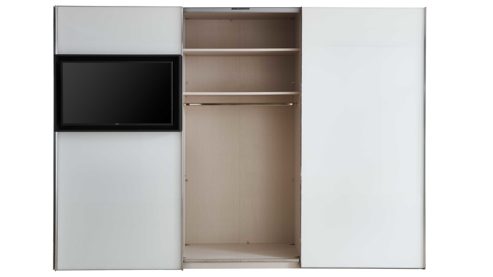 Kleiderschrank Staud aus Glas in Weiß STAUD Schwebetürenschrank Media Flat mit TV-Nische Alpinweiß & Vulkan – drei Türen, Breite ca. 336 cm