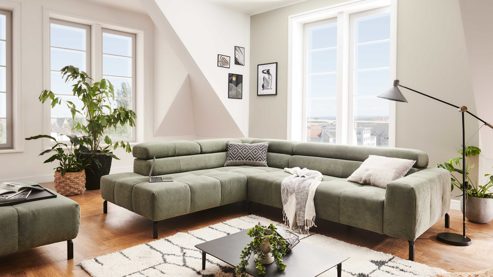 Ecksofa SOFAkultur aus Stoff in Grün SOFAkultur Programm SK 745 2.0 - Ecksofa olivfarbener Feincord - Stellfläche ca.  276 x 219 cm