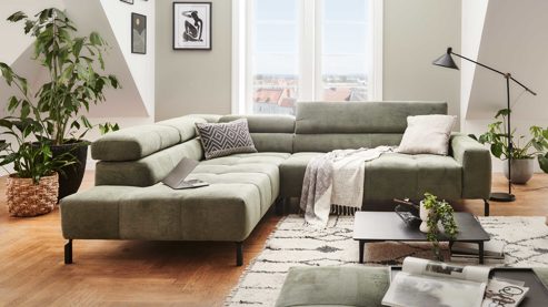 Ecksofa SOFAkultur aus Stoff in Grün SOFAkultur Programm SK 745 2.0 - Ecksofa olivfarbener Feincord - Stellfläche ca.  276 x 219 cm