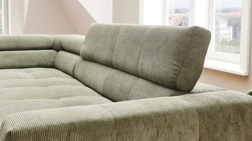 Ecksofa SOFAkultur aus Stoff in Grün SOFAkultur Programm SK 745 2.0 - Ecksofa olivfarbener Feincord - Stellfläche ca.  276 x 219 cm