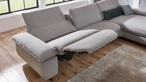 Ecksofa comfortmaster besser sitzen, liegen, leben aus Stoff in Hellgrau Comfortmaster Spektra 1488 - Relax-Wohnlandschaft mit vielen Funktionen hellgraues Flachgewebe Loop 02 jet – Stellfläche ca. 344 x 182 cm