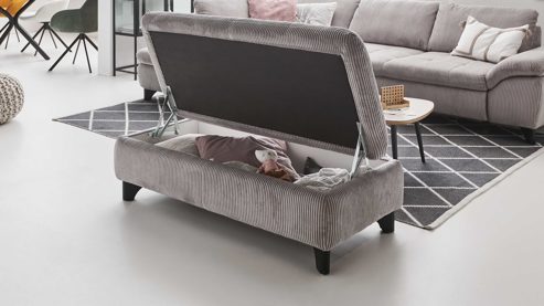 Funktionshocker Megapol aus Stoff in Grau Polsterprogramm VS-MP1028 - XXL-Funktions-Hocker grauer Cordbezug & schwarze Metallfüße - ca. 135 x 63 cm