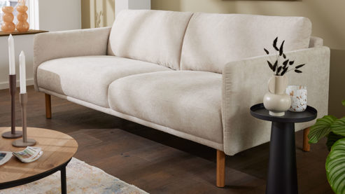 Dreisitzer Roomio® aus Stoff in Weiß Roomio® No. 4104 - Dreisitzer naturfarbener Strukturbezug Yelda & Holzfüße 1103 HFEG - Länge ca. 192 cm