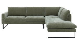 Ecksofa Roomio® aus Stoff in Grün Roomio® No. 4105 - Ecksofa schildkrötenfarbener Bezug Monty & schwarze Kufenfüße 256 MK - Stellfläche ca. 278 x 221 cm