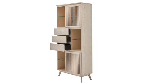 Vitrine Roomio® aus Holz in Holzfarben Roomio No. 2000 - Vitrine mit viel Platz weiß gewaschene Esche - zwei Türen, drei Schubladen, Höhe ca. 180 cm
