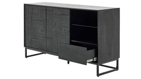 Vitrine Roomio® aus Holz in Schwarz Roomio No. 2001 - Sideboard schwarzes Mangoholz - zwei Türen, eine Schublade, Länge ca. 140 cm